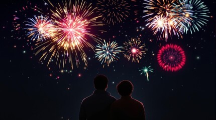 a joyful couple reveling in the vibrant fireworks illuminating the night sky together