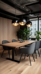 Fototapeta premium A modern office space featuring a green living wall with lush perennial plants, minimalist furniture, and sleek lighting design.