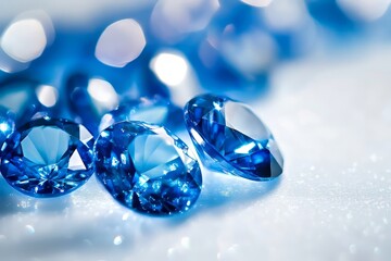 Sparkling Blue Sapphires Gleam On A Soft, Shimmering Surface.  The Close-Up Showcases Their Dazzling Facets And Brilliant Color.