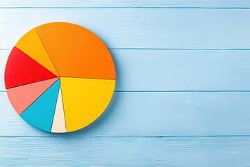 Fototapeta premium Colorful pie chart on blue wooden background, showcasing data visualization. chart features various segments in vibrant colors, illustrating statistical information in visually appealing manner