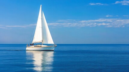 Fototapeta premium Elegant white sailboat cuts through calm blue sea under clear skies : Generative AI