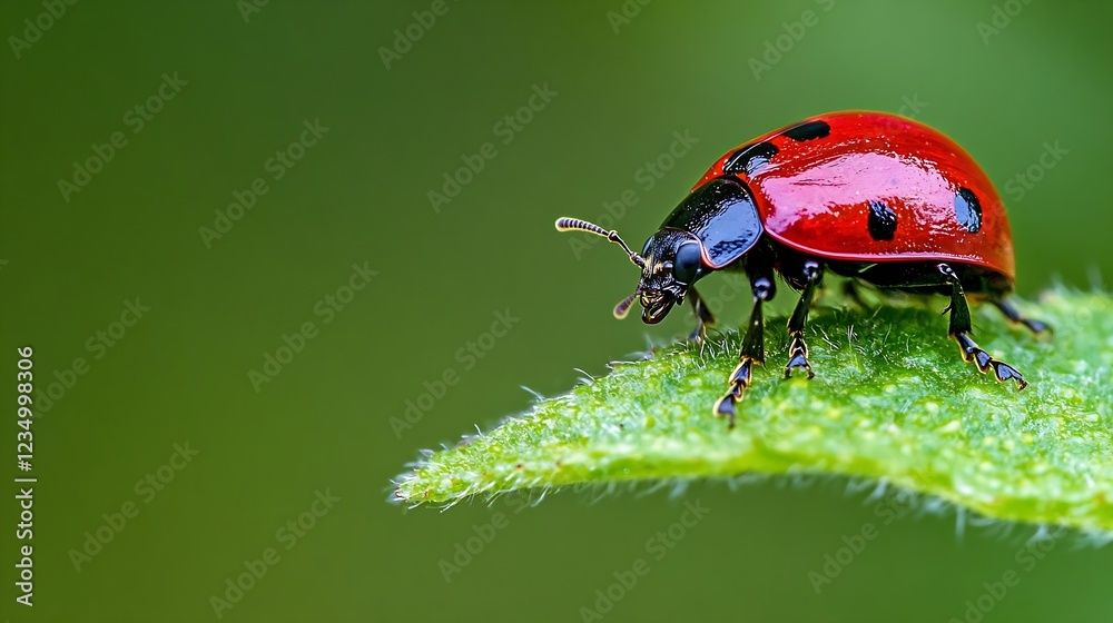 Poster bright red ladybug with distinct black spots on leaf in natural lush green setting : generative ai