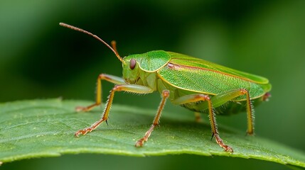 Fototapeta premium Closeup of vibrant green shield bug perched on leafy stem in natural habitat : Generative AI