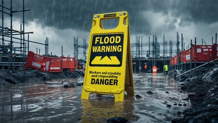Flood Warning Sign at Construction Site in Heavy Rain