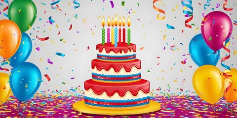 Birthday Cake and Balloons with Candles Confetti Designs Festive Birthday Celebration
