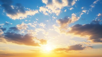 Obraz premium Majestic Cloudscape Illuminated by Golden Sunset Rays in Blue Sky : Generative AI