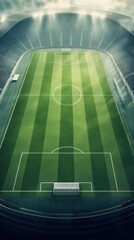 A digitally enhanced image of a well-lit soccer field with bright spotlights illuminating the green turf in a stadium setting.