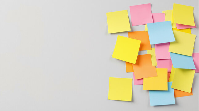 colorful sticky notes scattered on a white background creating a vibrant and organized workspace