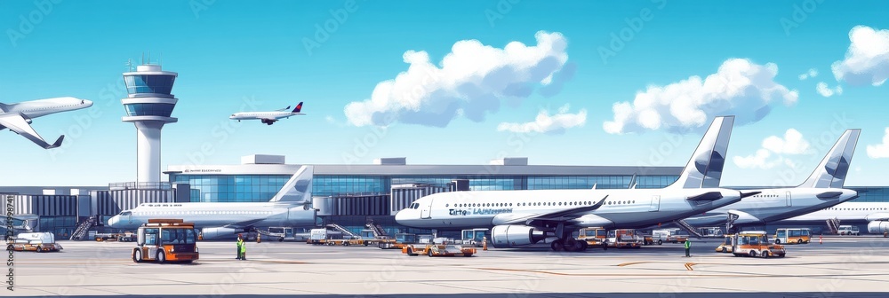 Poster busy airport terminal bustling with activity and airplanes parked along the runway under a clear blu