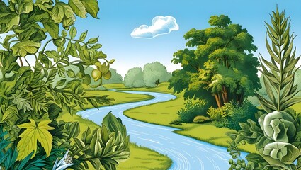 Lush and Vibrant Natural Landscape with Trees and River