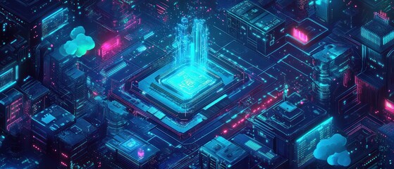 Obraz premium Cyberpunk city with glowing central portal and floating clouds, for tech or future design