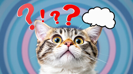 curious cat with a question mark floating above its head looking puzzled and inquisitive