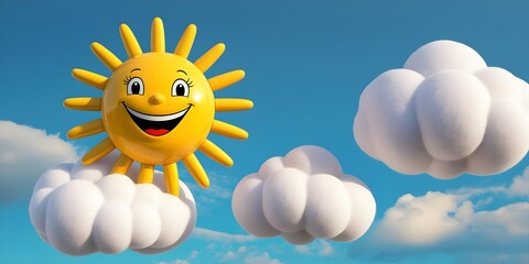 Cheerful Cartoon Sun Floating Amidst Fluffy white Clouds in a Bright Blue Sky