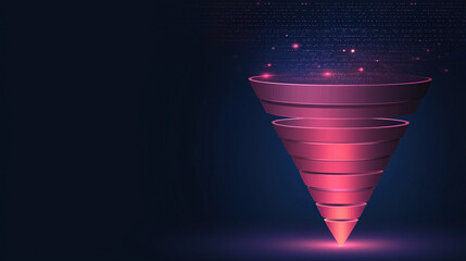 dynamic funnel visualizing e commerce conversions with glowing pink layers on dark background, symbolizing digital marketing strategies and data analysis