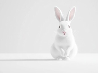 Obraz premium A white rabbit with a cute, smiling expression is centered in this minimalistic image against a plain background, exuding a sense of calm and innocence.