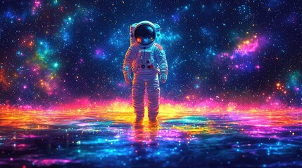 Obraz premium Astronaut Standing in a Vibrant Cosmic Sea