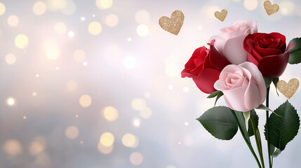Obraz premium Bouquet of red and pink roses with gold glitter. Minimalistic background.