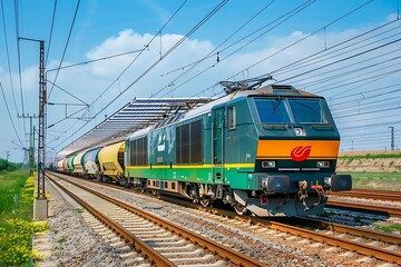 A green and orange electric locomotive leads a freight train carrying numerous railcars. The train travels along a railway under a sunny sky.