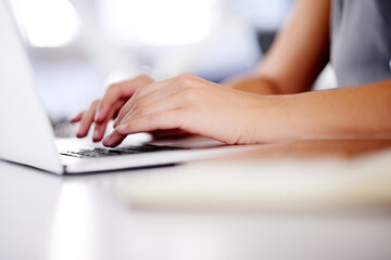 Laptop, hands and typing with business woman in office for banking manager, fraud prevention and fund transaction. Finance portfolio, credit report and customer records with closeup of person