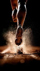 Close-up of a runner's sport shoes making impact on a dusty surface, highlighting speed and energy against a dark background.