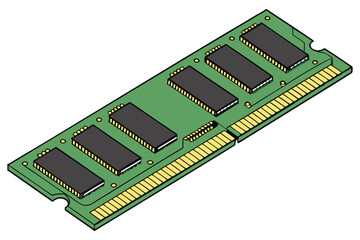  Computer RAM stick, green circuit board, memory module, gold contacts, black integrated circuits, rectangular shape, technological, computer hardware, close-up, high-resolution, detailed, precision e