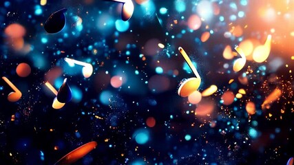 A gold musical note, highlighted by bokeh and blurry lights, against a black background, suitable for an abstract music event or party