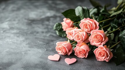 Bouquet of pink roses with heart shapes on a textured surface.