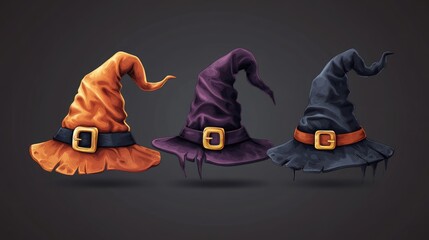 Realistic 3D witch and wizard hats with belts Isolated vector illustration featuring magical headwear for Halloween costumes and designs