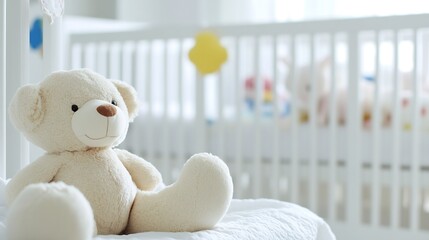 Soft Plush Teddy Bear in Calm and Serene Baby Crib Decor : Generative AI