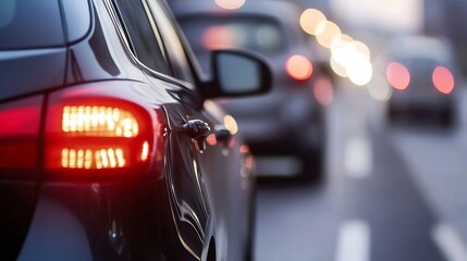 Obraz premium Closeup of Car Tail Light with Traffic Bokeh on Suburban Road at Dusk : Generative AI