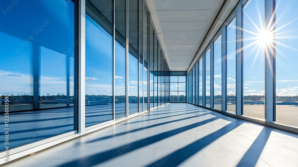 Fototapete sunlit glass corridors with expansive window views of urban skyline architecture : generative ai