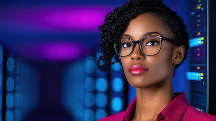 confident woman in glasses stands in server room, illuminated by blue and purple lights, symbolizing high tech expertise and strategic analysis