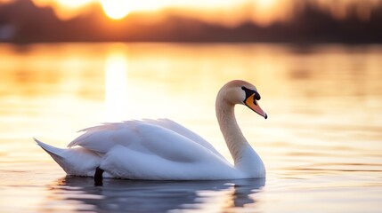 Fototapeta premium Graceful Swan Gliding on Tranquil Lake at Sunrise with Golden Reflections : Generative AI