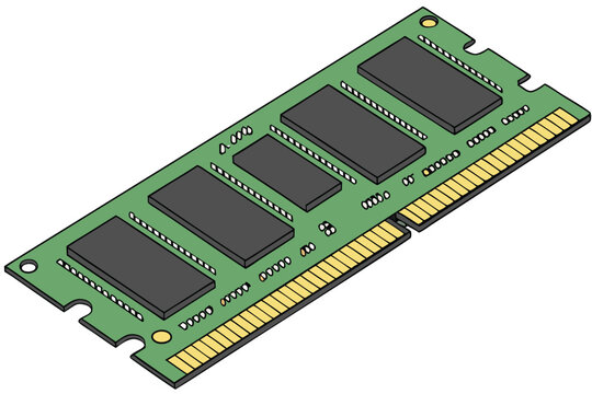  Computer RAM stick, green circuit board, memory module, gold contacts, black integrated circuits, rectangular shape, technological, computer hardware, close-up, high-resolution, detailed, precision e
