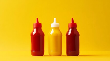Vibrant condiment bottles in red, yellow, and white for food photography