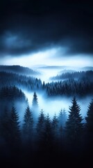 A stunning aerial view of a dense dark pine forest shrouded in thick fog, creating a mysterious and cinematic atmosphere.