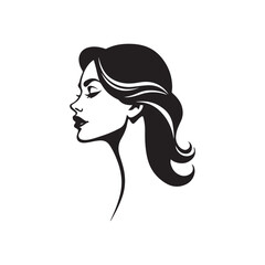 Black and white illustration, minimalist portrait, female profile, long flowing hair 