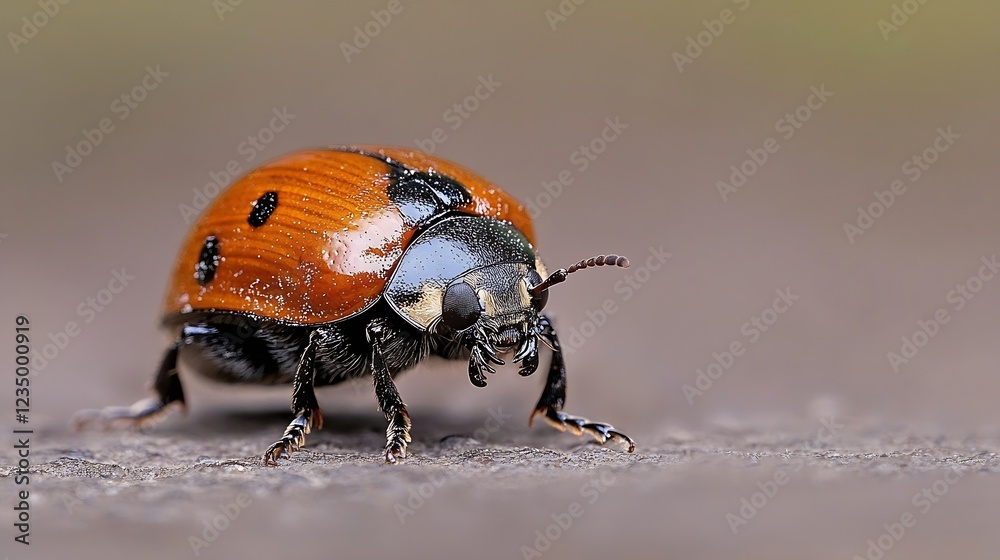 Poster detailed closeup image of red ladybird beetle on ground surface : generative ai