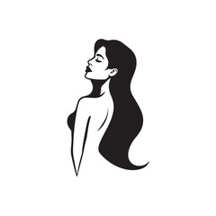 Black and white illustration, minimalist portrait, female profile, long flowing hair 