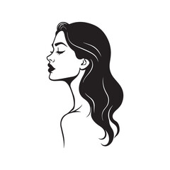 Black and white illustration, minimalist portrait, female profile, long flowing hair 