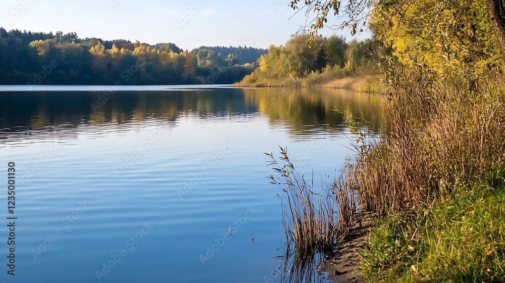 Poster scenic view of riverbank surrounded by lush greenery and autumn foliage : generative ai