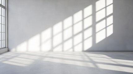 Obraz premium Bright Minimalist Room with Sunlit Concrete Floor and Large Gridded Windows Casting Shadows : Generative AI