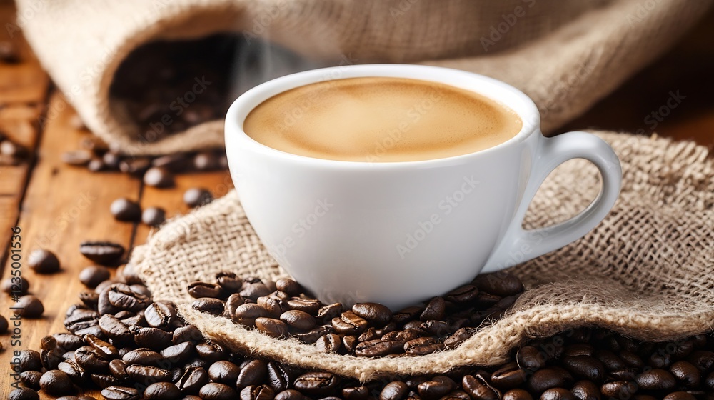 Poster Steaming Cup of Freshly Brewed Coffee with Roasted Beans on Rustic Burlap Background : Generative AI