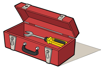  Red metal toolbox, vintage style, chrome latches, black handle, screwdriver, wrench, yellow and red tools, bright colors, isolated on white background, product photography, detailed, realistic, high 