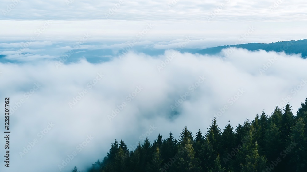Poster mystical clouds shrouding peaceful mountain pines in misty atmosphere : generative ai