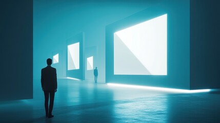 Obraz premium Men in suits walk toward glowing rectangular portals