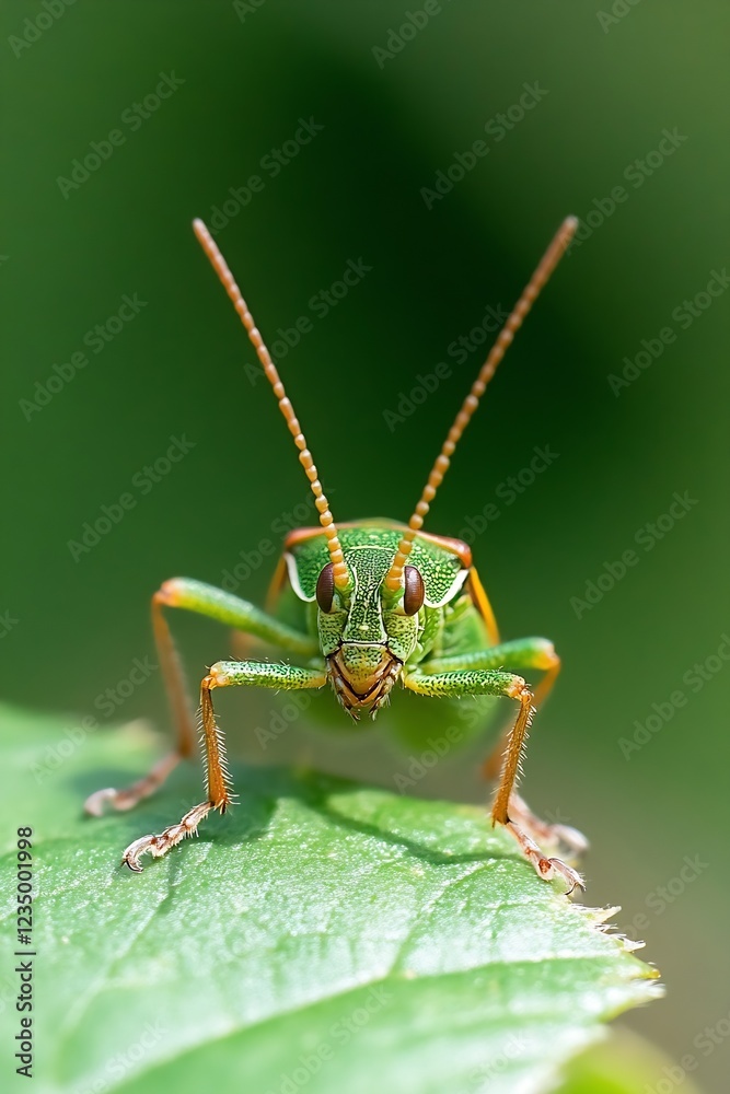 Poster Grasshopper Macro Photography Capturing Vibrant Green Texture on Leaf : Generative AI
