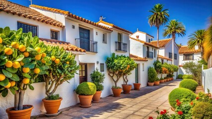 Fototapeta premium Mediterranean charm with whitewashed houses, terracotta pots filled with vibrant citrus trees, and lush green foliage in a sun-drenched alleyway.