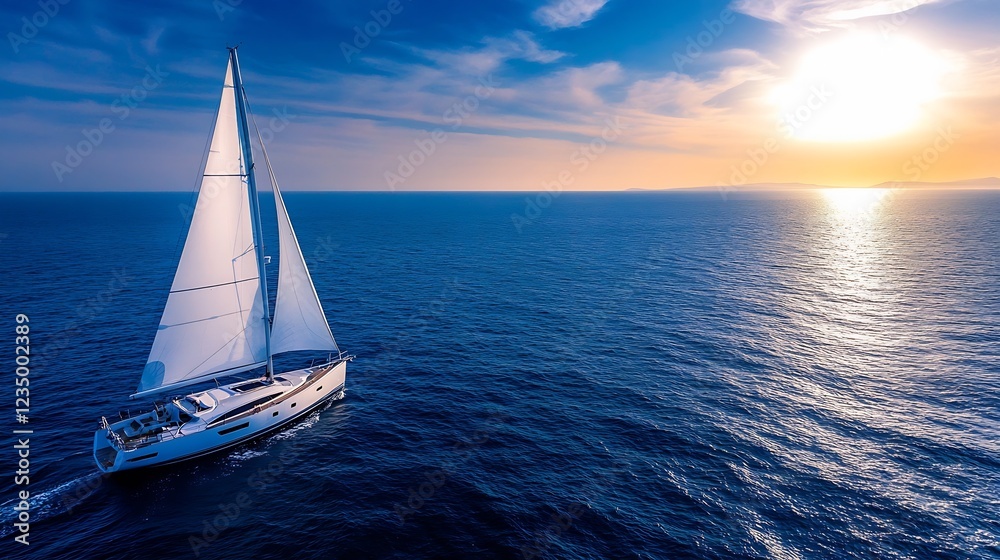 Poster Idyllic Sailboat Navigating Serene Ocean Waters at Sunset for Relaxation and Adventure : Generative AI