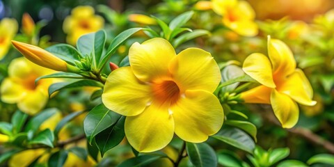 Obraz premium A vibrant yellow flower blooms amidst lush green foliage, showcasing the beauty of nature's artistry.